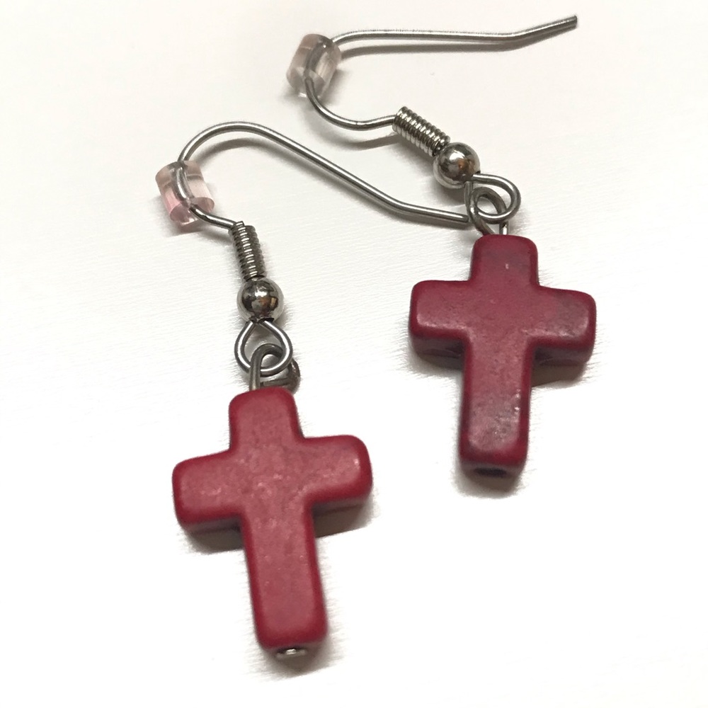 Cross dangle earrings rustic red handmade MunandMe